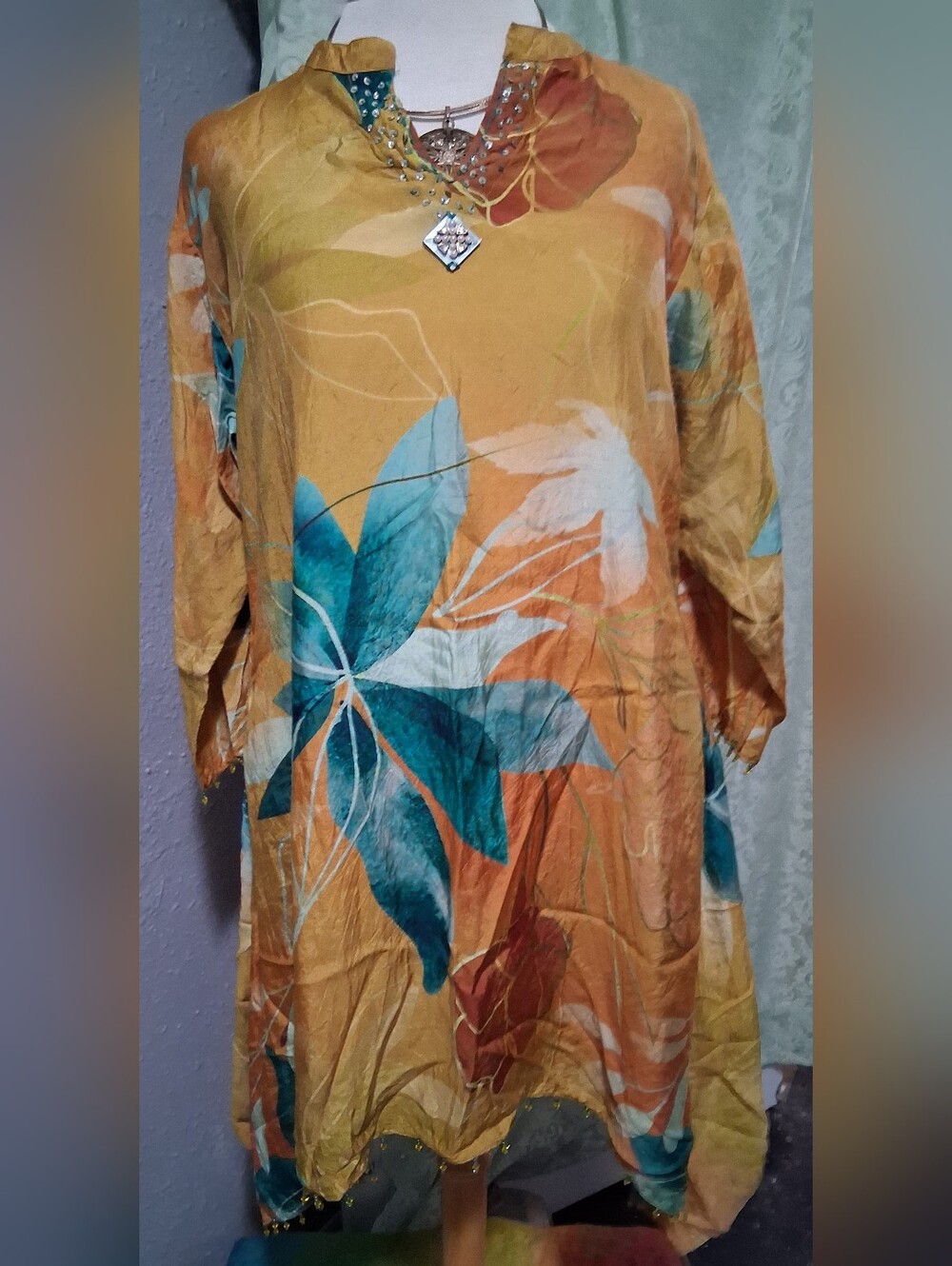 AARI Dupatta Top-Vibrant Floral in Golden Mustard & Teal